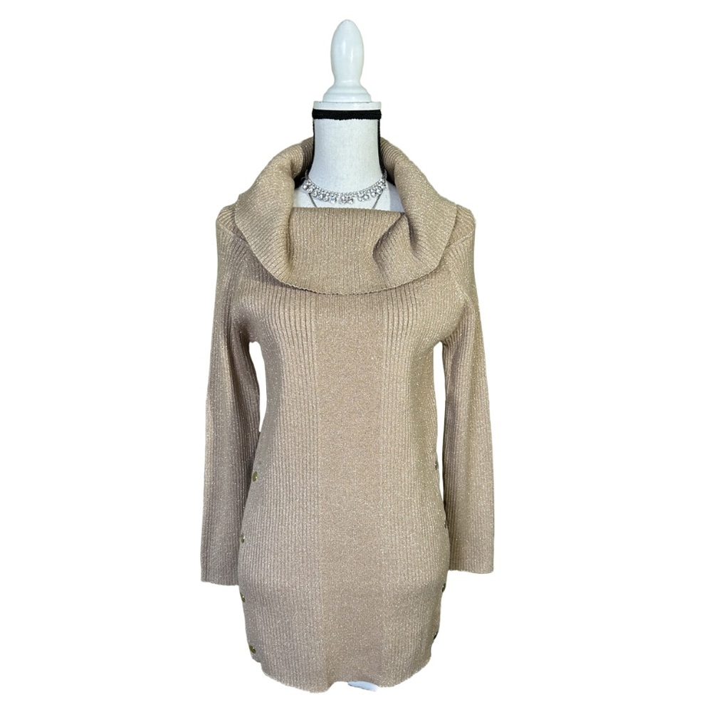 7th Avenue Design Studio Women’s Tan Ribbed Cowl Turtleneck Side Slits XL